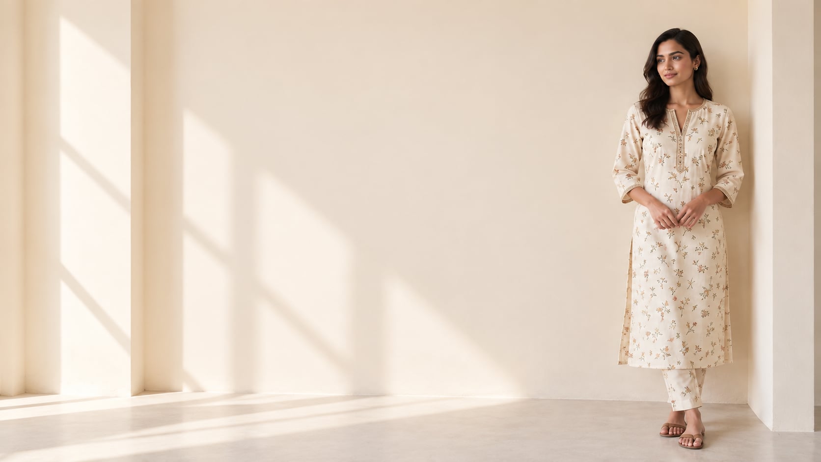 A model wearing a printed kurti from the Alpha & Omega collection